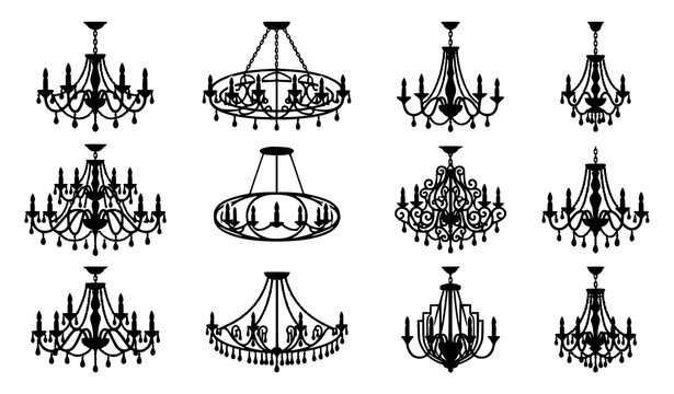 Luxury Vintage Black Chandelier Silhouettes with Crystal Candle Hanging Lamps Vector Set