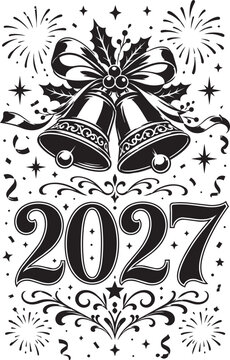 Happy New Year 2027 Christmas Bells with Holly and Fireworks Black and White Vector Illustration