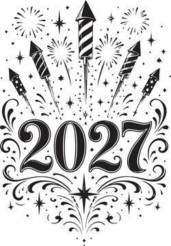 Happy New Year 2027 Firework Rockets with Fireworks Ornamental Black and White Vector Illustration