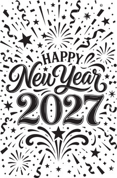 Happy New Year 2027 Hand Lettering Typography with Fireworks and Confetti Black and White Vector Illustration
