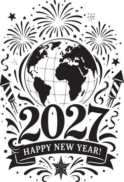 Happy New Year 2027 Global Celebration with Earth Globe and Fireworks Black and White Vector Illustration