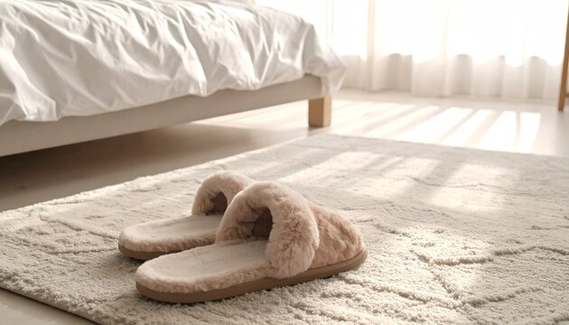 Cozy Indoor Scene with Plush Slippers and Sunlit Bedroom