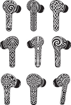 Tribal Wireless Earbuds Silhouette Vector Set with Ornamental Black and White Earphone Illustrations