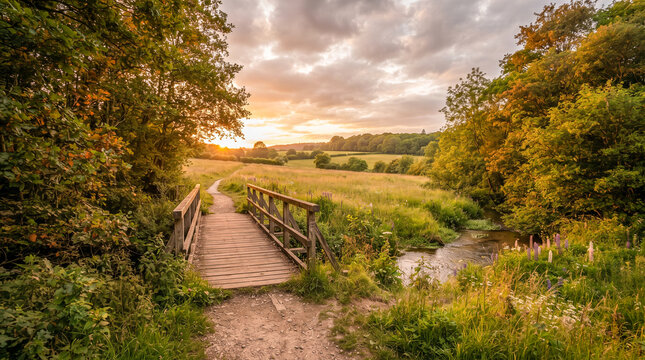 Sendero de tierra que atraviesa un puente de madera entre &aacute;rboles y praderas, iluminado por la luz del atardecer bajo un cielo con nubes, evocando paz y naturaleza.