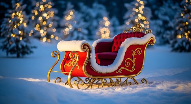 Festive red and gold santa claus sleigh sitting in a snowy winter forest with glowing christmas tree lights in the background
