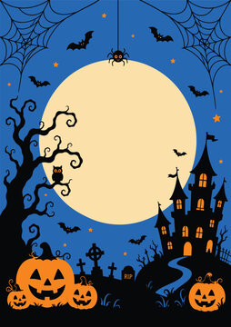 A spooky halloween background vector illustration featuring a full moon haunted castle jack o lanterns bats and spider webs for holiday design