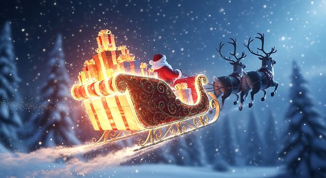 Santa claus riding a magical sleigh filled with christmas gifts pulled by reindeer flying over a snowy winter forest landscape at night