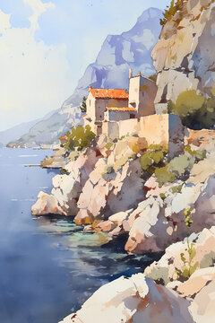 Stone buildings on rocky Mediterranean cliff. Watercolor illustration of coastal landscape
