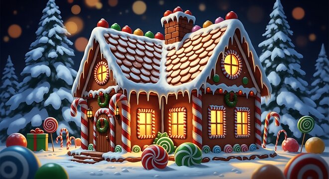 A festive gingerbread house decorated with candy canes, icing, and colorful sweets in a snowy winter forest setting at night with bokeh lights