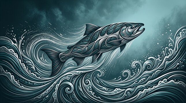 Abstract fluid water texture with a dynamic salmon fish swimming