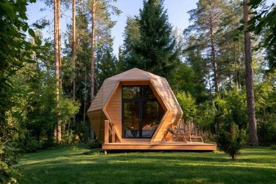 Modern geometric wooden cabin in a forest clearing