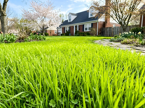 vibrant green spring lawn in front of suburban house | cherry blossom trees blooming in front yard landscaping | close up view of healthy green grass in suburban garden | traditional brick cape cod ho