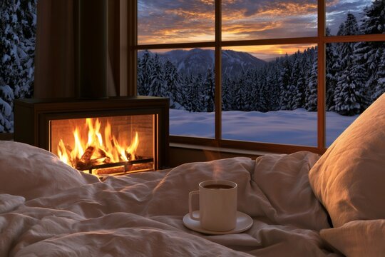 Cozy bed with coffee warming a winter cabin