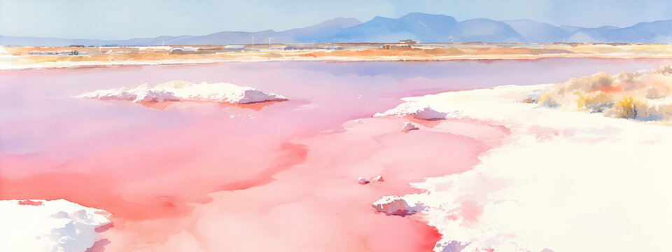 Watercolor illustration of a pink salt lagoon with white salt formations. Arid landscape with crystalline salt crust on the shore. Mediterranean travel scenery