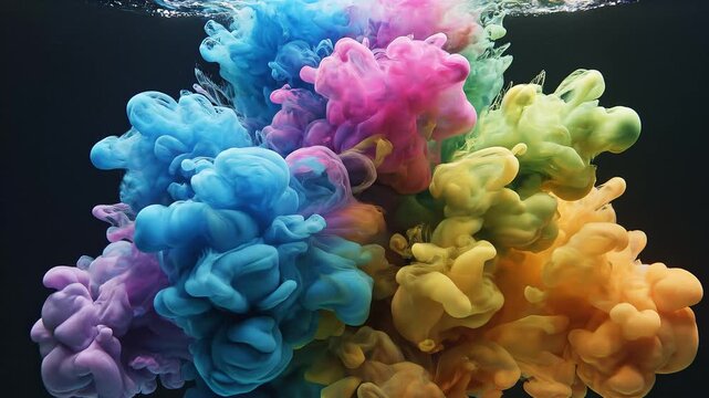 Explosive Neon Paint Splash Underwater with Swirling Rainbow Ink on Dark Background in 4K