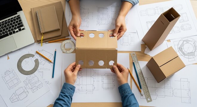 Two Designers Collaborating on Sustainable Cardboard Box Prototype Design with Technical Blueprints on a Wooden Office Desk