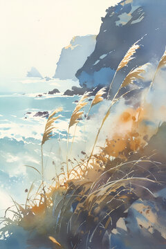 Vertical watercolor illustration of a Mediterranean winter storm over a rocky coast. Windswept golden grass and turbulent sea