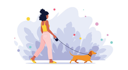 A young woman with curly hair walks her dachshund on a colorful abstract background