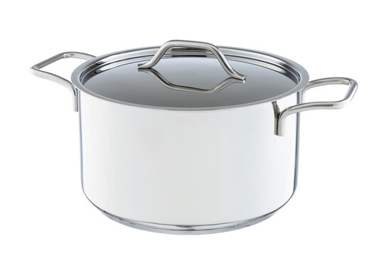 Professional Stainless Steel Cooking Pot with Lid and Side Handles, High-Quality Mirror Polished Cookware Isolated on White Background
