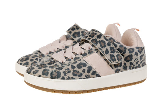 Stylish Girl's Leopard Print Sneakers with Pink, Isolated on White Background. Kids Fashion Footwear for Casual Wear