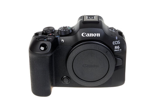 Varna , Bulgaria - July 12, 2026: Canon EOS R6 Mark III Full-Frame Mirrorless Digital Camera Body with Lens Cap, Professional Photography Equipment Isolated on White Background