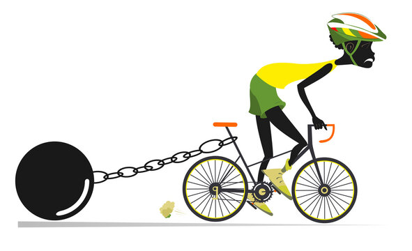 African cyclist man drags a heavy weight to be connected by the chain to his bicycle