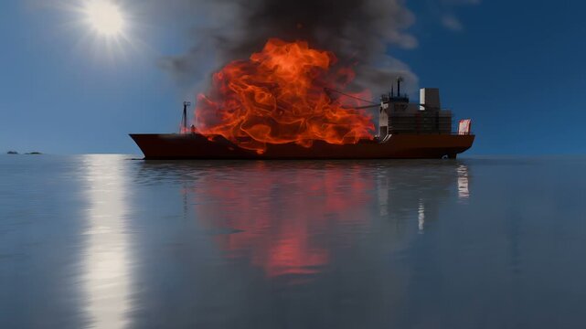 Massive Cargo Ship Explodes After Missile Attack in the Strait of Hormuz. 3D.