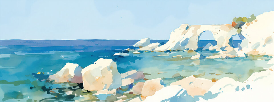 Coastal landscape with distant stone arch watercolor illustration. Mediterranean sea scenery with rocks. Summer holiday concept
