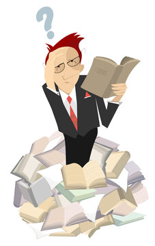You can find answers to questions in the books. Thinking man appears from a pile of books