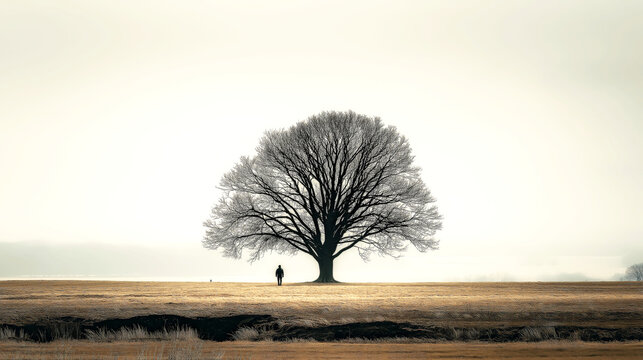 Solitary Figure Beneath Vast Bare Tree in Empty Field