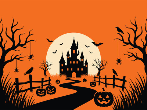 Spooky halloween background vector illustration featuring a haunted castle silhouette under a full moon with pumpkins and bare trees at night