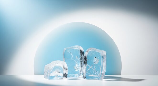 Three transparent ice cubes arranged on a minimalist white platform with a soft blue circular background for product display