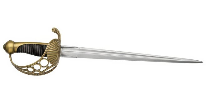 Antique Smallsword with Ornate Brass Hilt and Steel Blade Isolated on White Background for Historical Reenactment