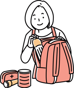リュックに防災グッズを詰める女性_2色