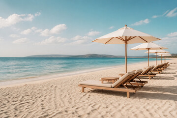 Fototapeta premium Beach scene with sun loungers and umbrellas on a sandy shore next to clear blue water under a partly cloudy sky.