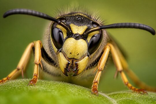 Yellow jacket wasp perched facing camera on green leaf