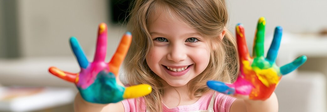 A contented youngster making art at home with vibrantly painted hands