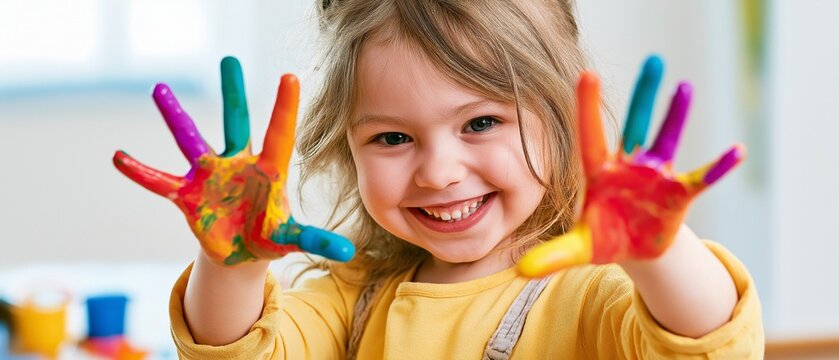 A contented youngster making art at home with vibrantly painted hands