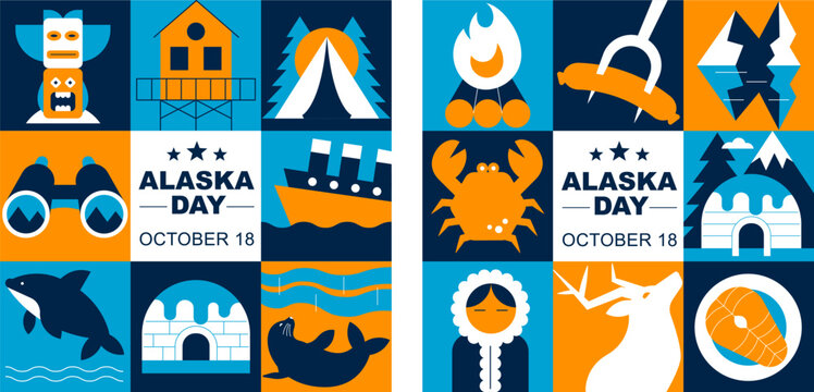 Alaska Geometric Social Media Banner Set with Arctic Nature. Modern Mosaic Vector Templates