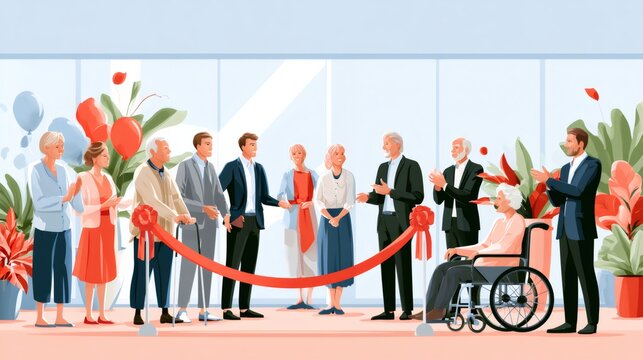 Community celebrating ribbon cutting opening new senior healthcare facility