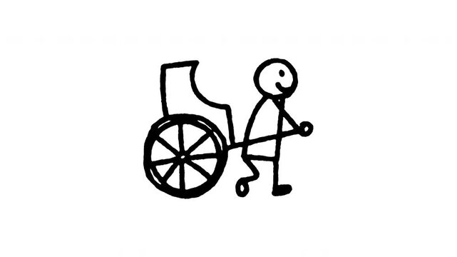 4K animated rickshaw puller doodle icon. Frame by frame line art on black and green screen chroma key background for traditional transport, historical Asian cart, passenger ride, and tourism.