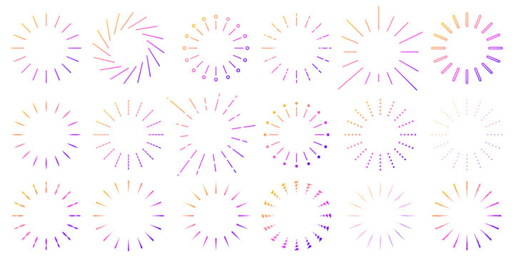 花火とサンバーストのグラデーションラインが輝くポップなアイコンセット素材 / Colorful fireworks sunburst sparkle icon set with gradient pink purple orange lines isolated
