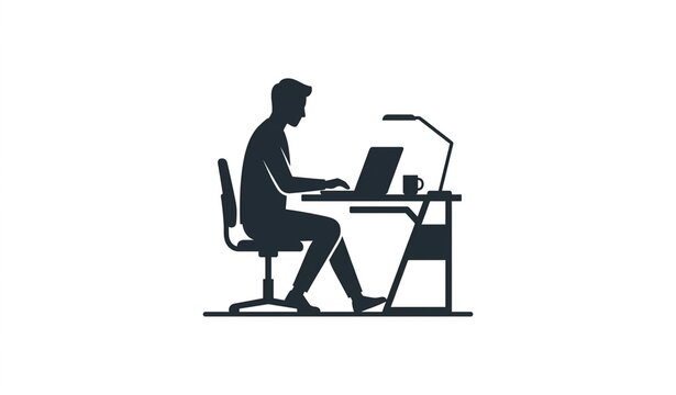 Remote work silhouette vector illustration of man sitting with laptop at desk for flexible hybrid lifestyle and freelance business concept on white background