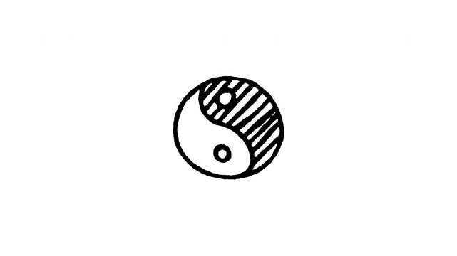 Animated doodle Yin Yang symbol icon. Features 4K frame by frame boiling line animation on black and green screen backgrounds for balance, harmony, Daoism philosophy, and Tai Chi duality edits.