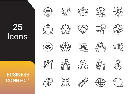 Set of 25 business connection and teamwork line icons