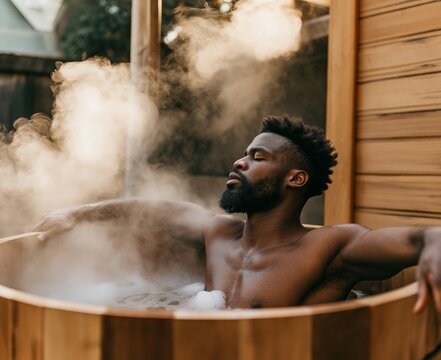 An African American guy is submerged in a tub with rising steam during an ice bath therapy session outside in a wooden sauna.