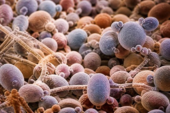 Microscopic fungal spores clustered on fibrous surface