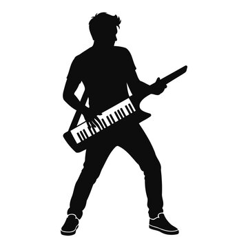 Silhouette of a man playing a keytar synthesizer on a white background