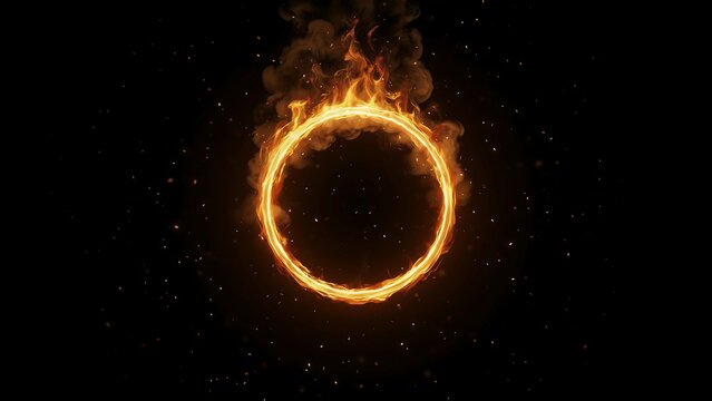 Glowing fire ring burning with bright orange flames and flying sparks on dark black background