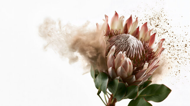 Pink king protea flower with beige sand smoke burst and dust particles on white background